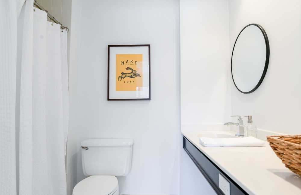 Bathroom with white toilet, white shower curtain and painting on the wall.